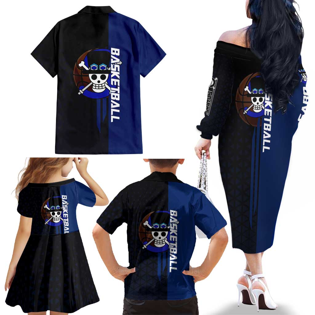 Sabo One Piece Basketball Theme Blue and Black Design Family Matching Off The Shoulder Long Sleeve Dress and Hawaiian Shirt with Top Hat Emblem and Action Dribble Pose