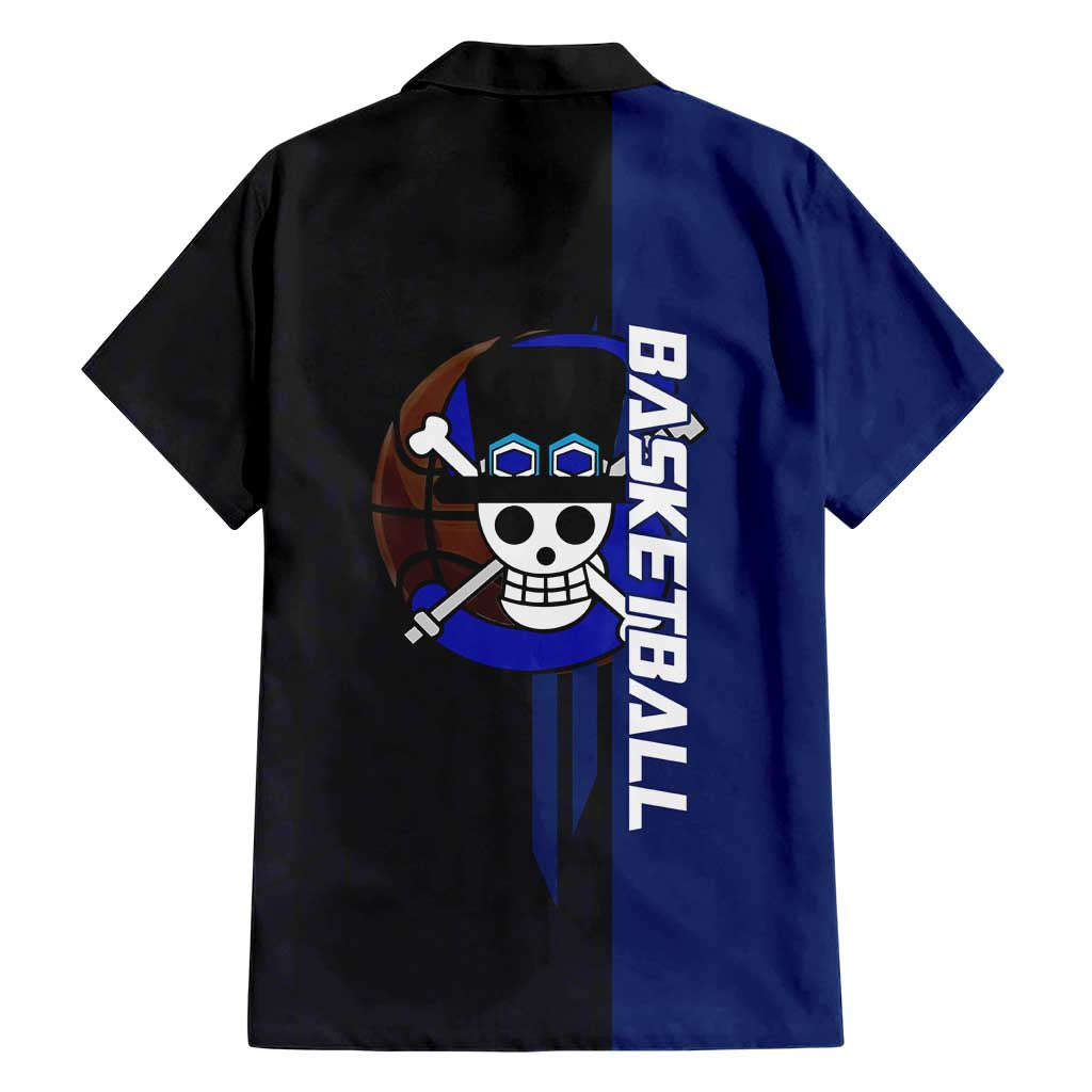 Sabo One Piece Basketball Theme Blue and Black Design Family Matching Off The Shoulder Long Sleeve Dress and Hawaiian Shirt with Top Hat Emblem and Action Dribble Pose