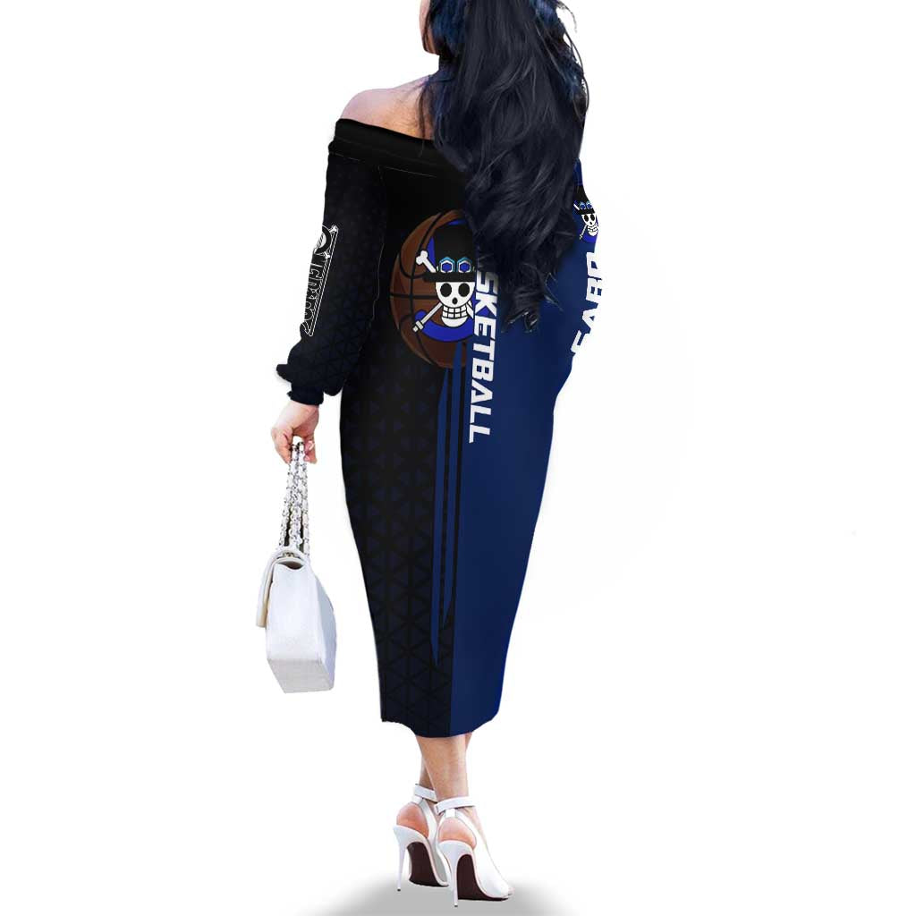 Sabo One Piece Basketball Theme Blue and Black Design Family Matching Off The Shoulder Long Sleeve Dress and Hawaiian Shirt with Top Hat Emblem and Action Dribble Pose