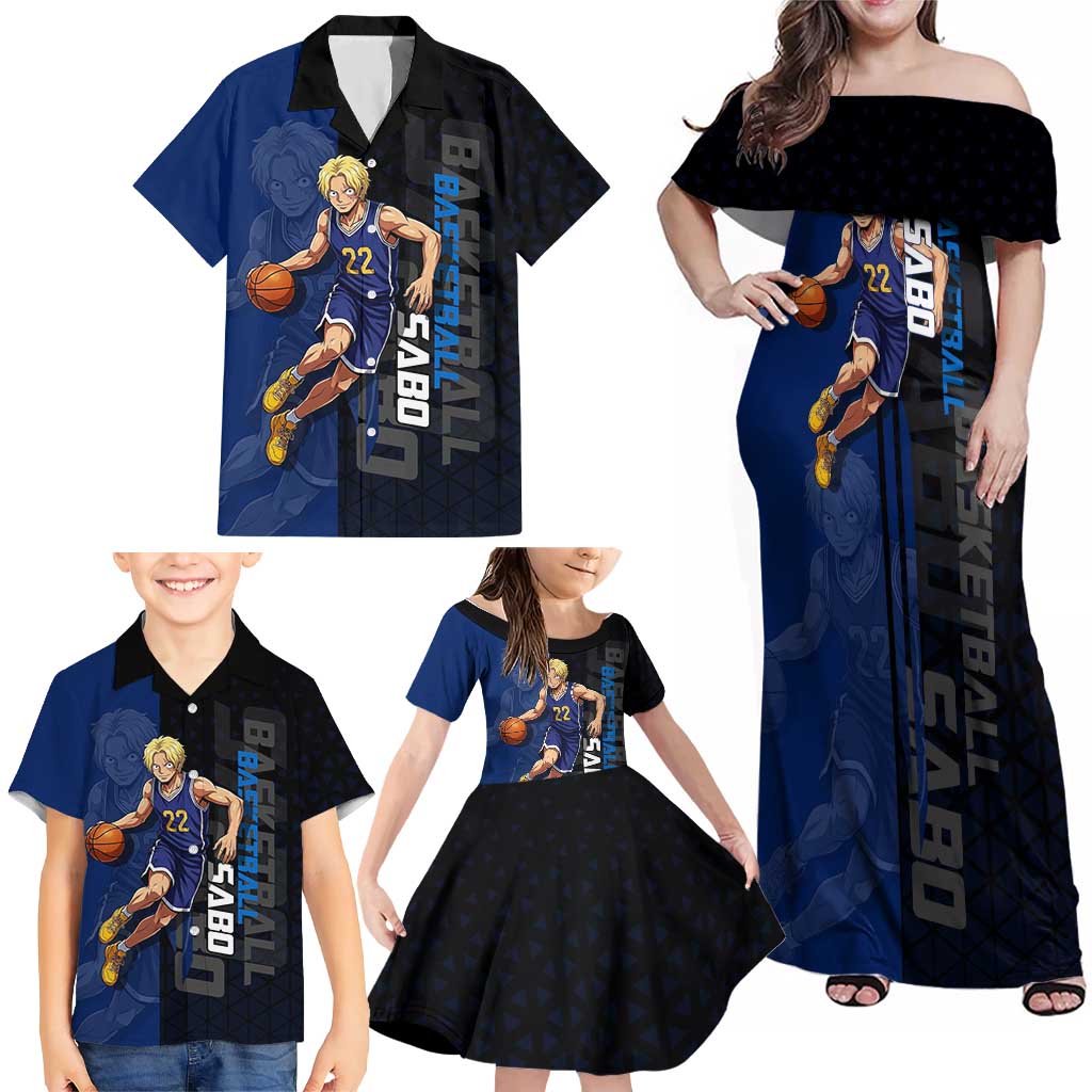 Sabo One Piece Basketball Theme Blue and Black Design Family Matching Off Shoulder Maxi Dress and Hawaiian Shirt with Top Hat Emblem and Action Dribble Pose
