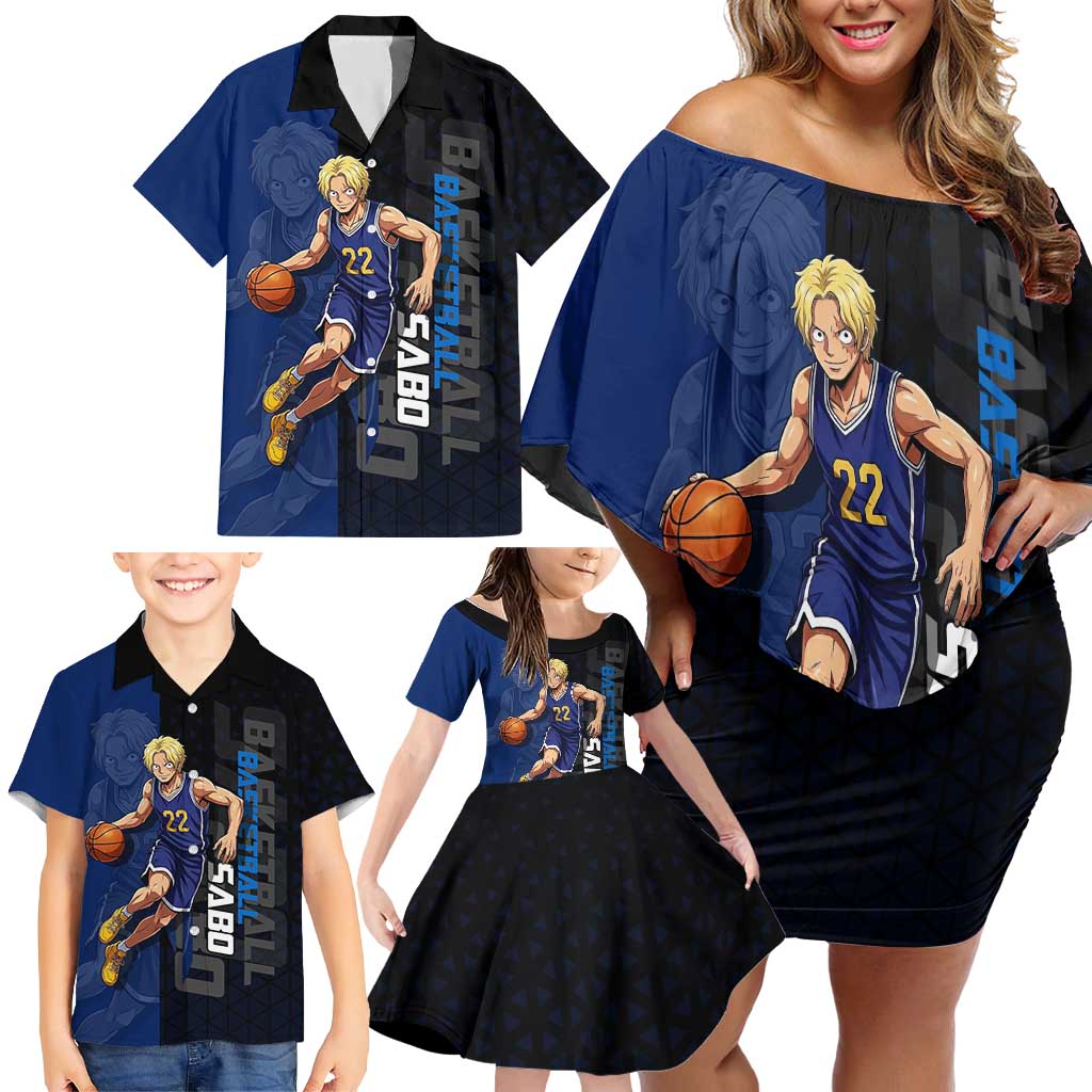 Sabo One Piece Basketball Theme Blue and Black Design Family Matching Off Shoulder Short Dress and Hawaiian Shirt with Top Hat Emblem and Action Dribble Pose