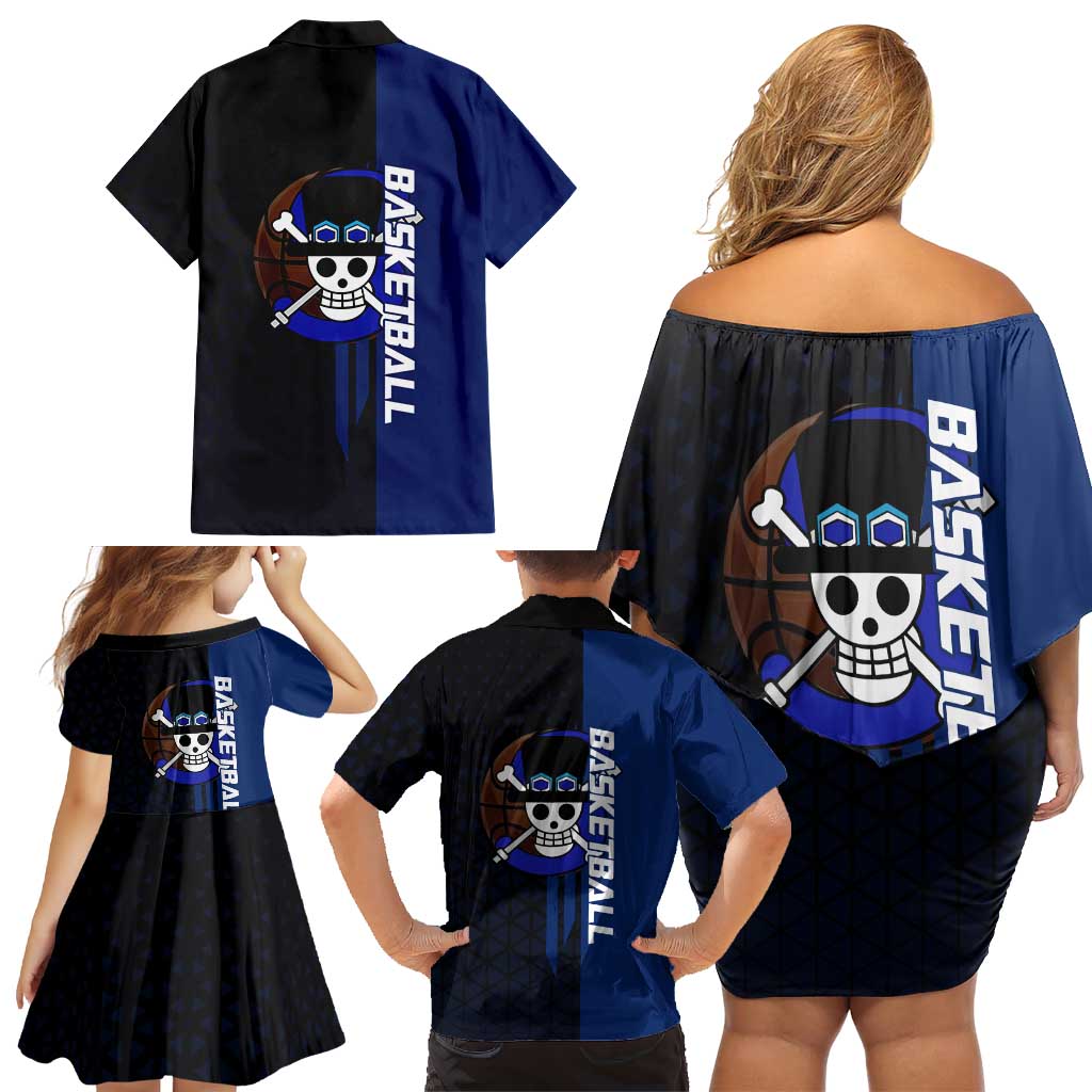 Sabo One Piece Basketball Theme Blue and Black Design Family Matching Off Shoulder Short Dress and Hawaiian Shirt with Top Hat Emblem and Action Dribble Pose