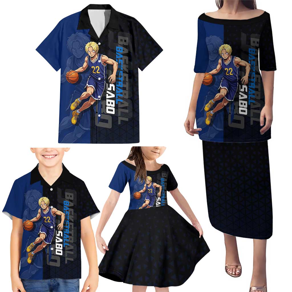 Sabo One Piece Basketball Theme Blue and Black Design Family Matching Puletasi and Hawaiian Shirt with Top Hat Emblem and Action Dribble Pose