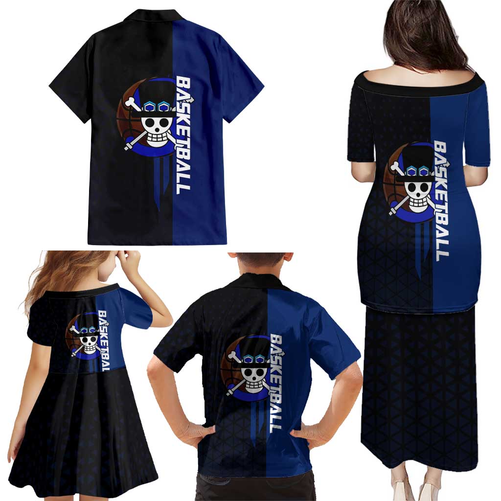 Sabo One Piece Basketball Theme Blue and Black Design Family Matching Puletasi and Hawaiian Shirt with Top Hat Emblem and Action Dribble Pose