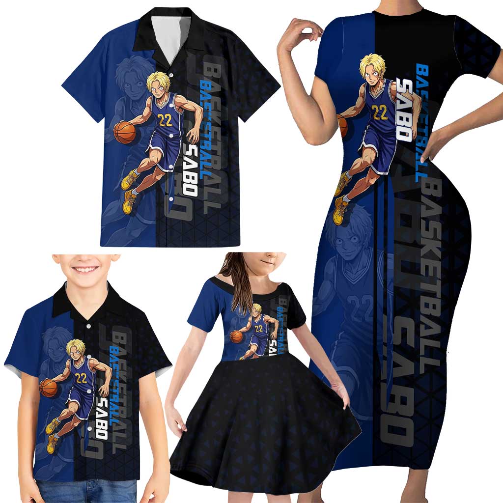 Sabo One Piece Basketball Theme Blue and Black Design Family Matching Short Sleeve Bodycon Dress and Hawaiian Shirt with Top Hat Emblem and Action Dribble Pose