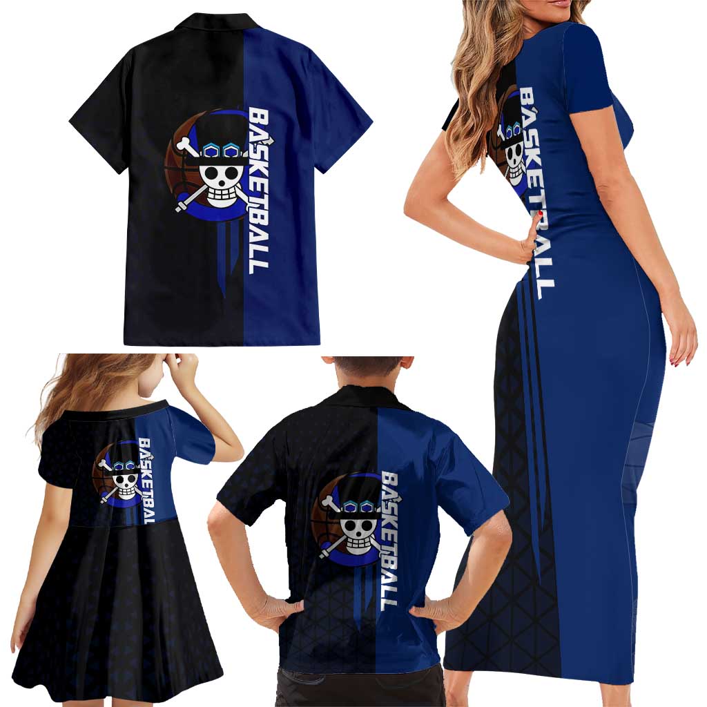 Sabo One Piece Basketball Theme Blue and Black Design Family Matching Short Sleeve Bodycon Dress and Hawaiian Shirt with Top Hat Emblem and Action Dribble Pose