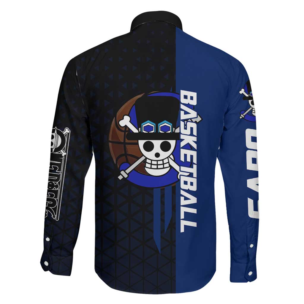 Sabo One Piece Basketball Theme Blue and Black Design Family Matching Short Sleeve Bodycon Dress and Hawaiian Shirt with Top Hat Emblem and Action Dribble Pose