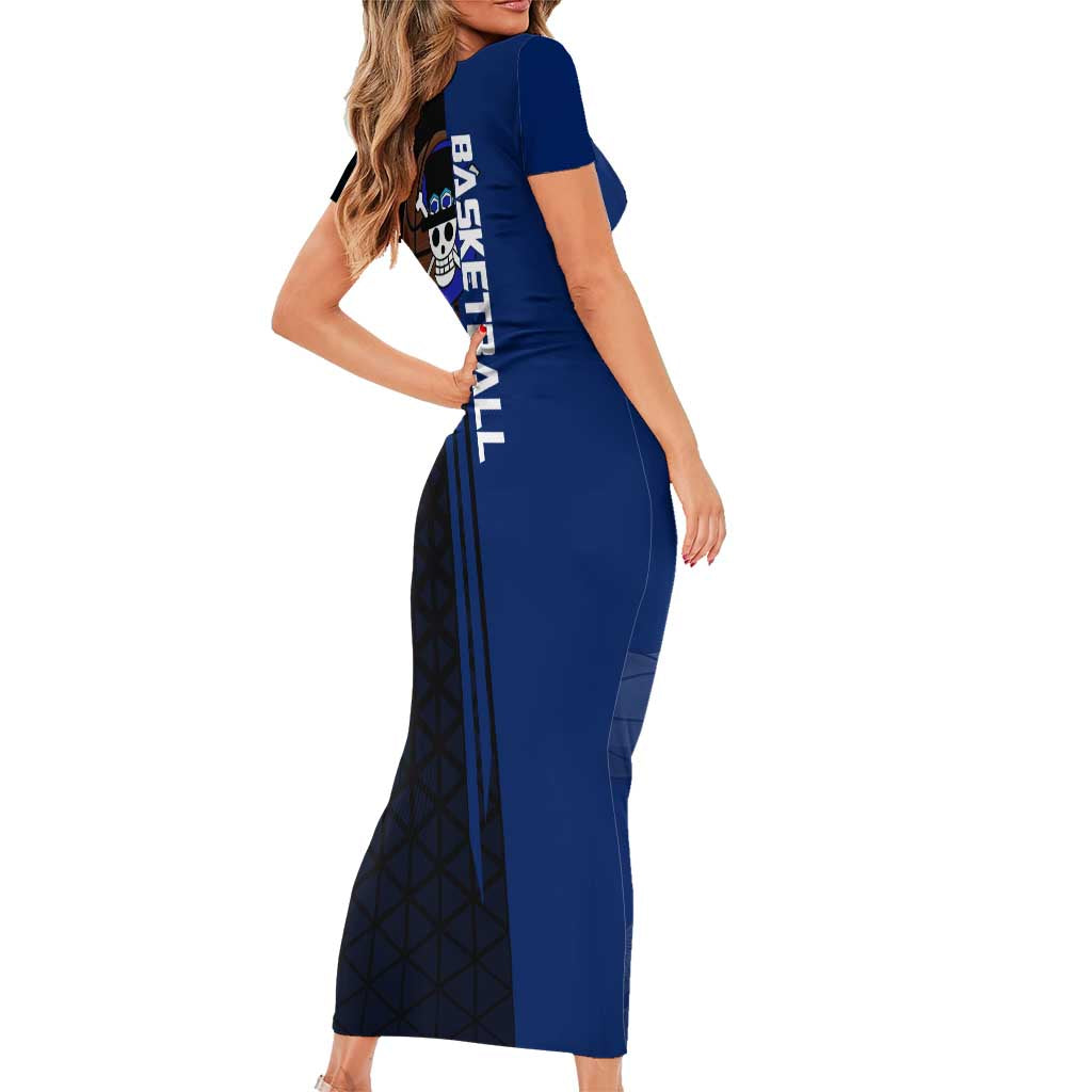 Sabo One Piece Basketball Theme Blue and Black Design Family Matching Short Sleeve Bodycon Dress and Hawaiian Shirt with Top Hat Emblem and Action Dribble Pose