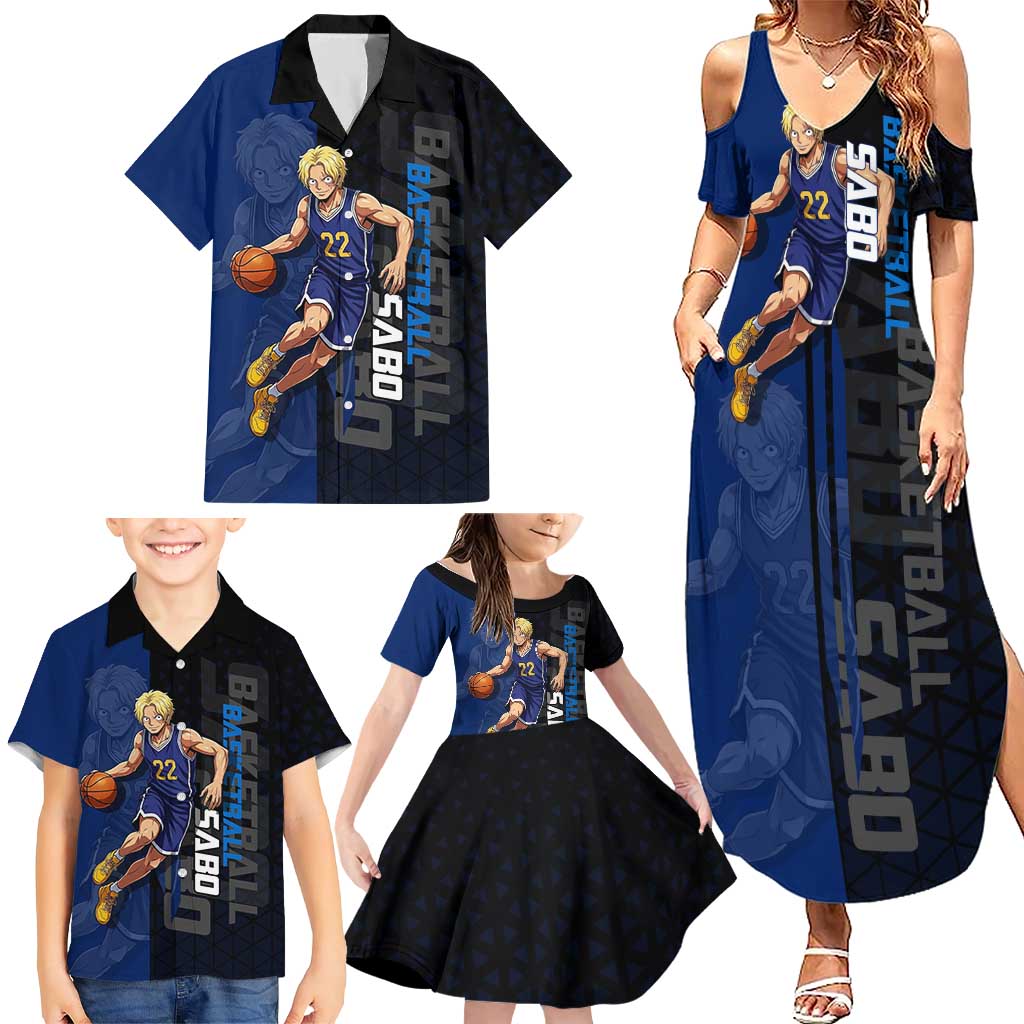 Sabo One Piece Basketball Theme Blue and Black Design Family Matching Summer Maxi Dress and Hawaiian Shirt with Top Hat Emblem and Action Dribble Pose