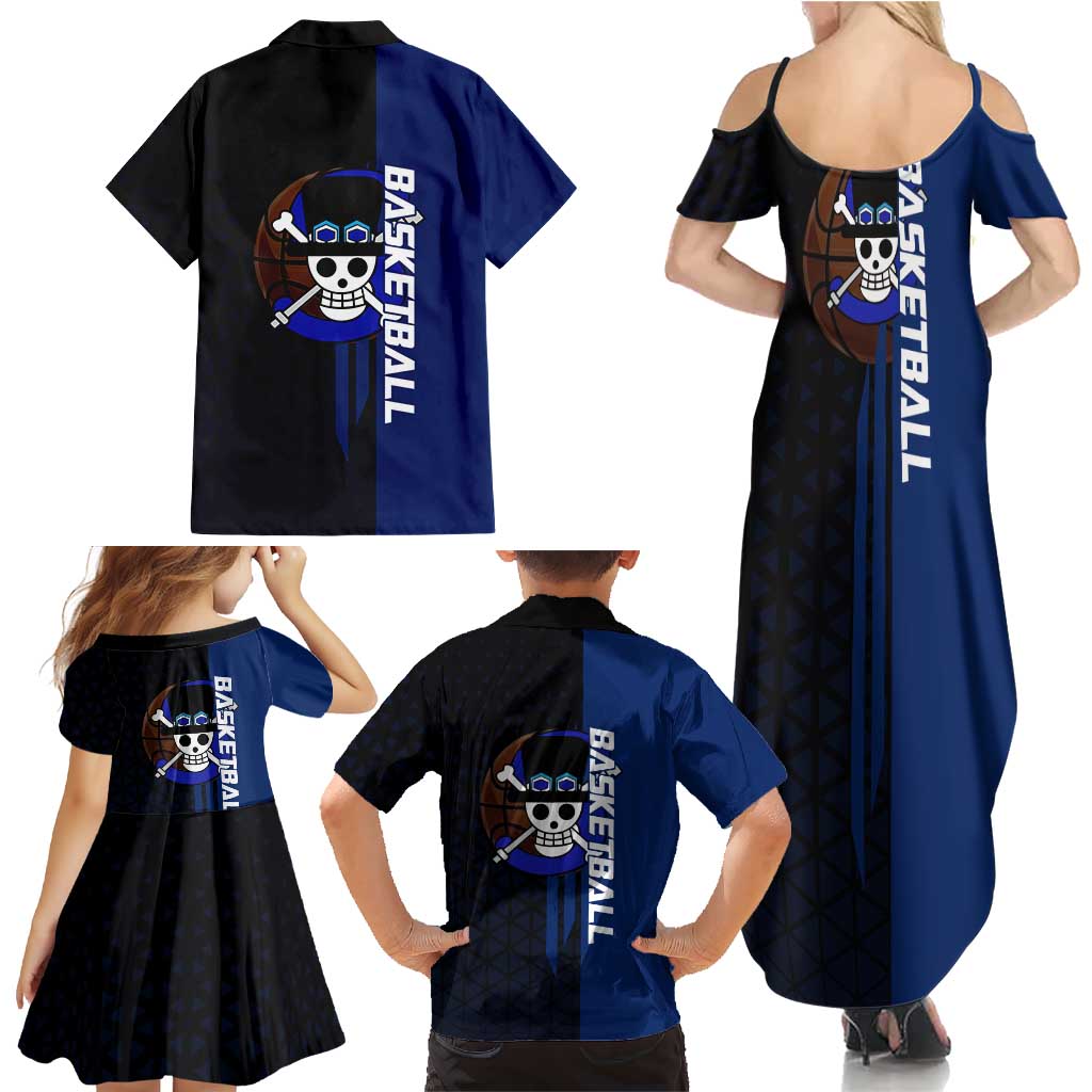 Sabo One Piece Basketball Theme Blue and Black Design Family Matching Summer Maxi Dress and Hawaiian Shirt with Top Hat Emblem and Action Dribble Pose