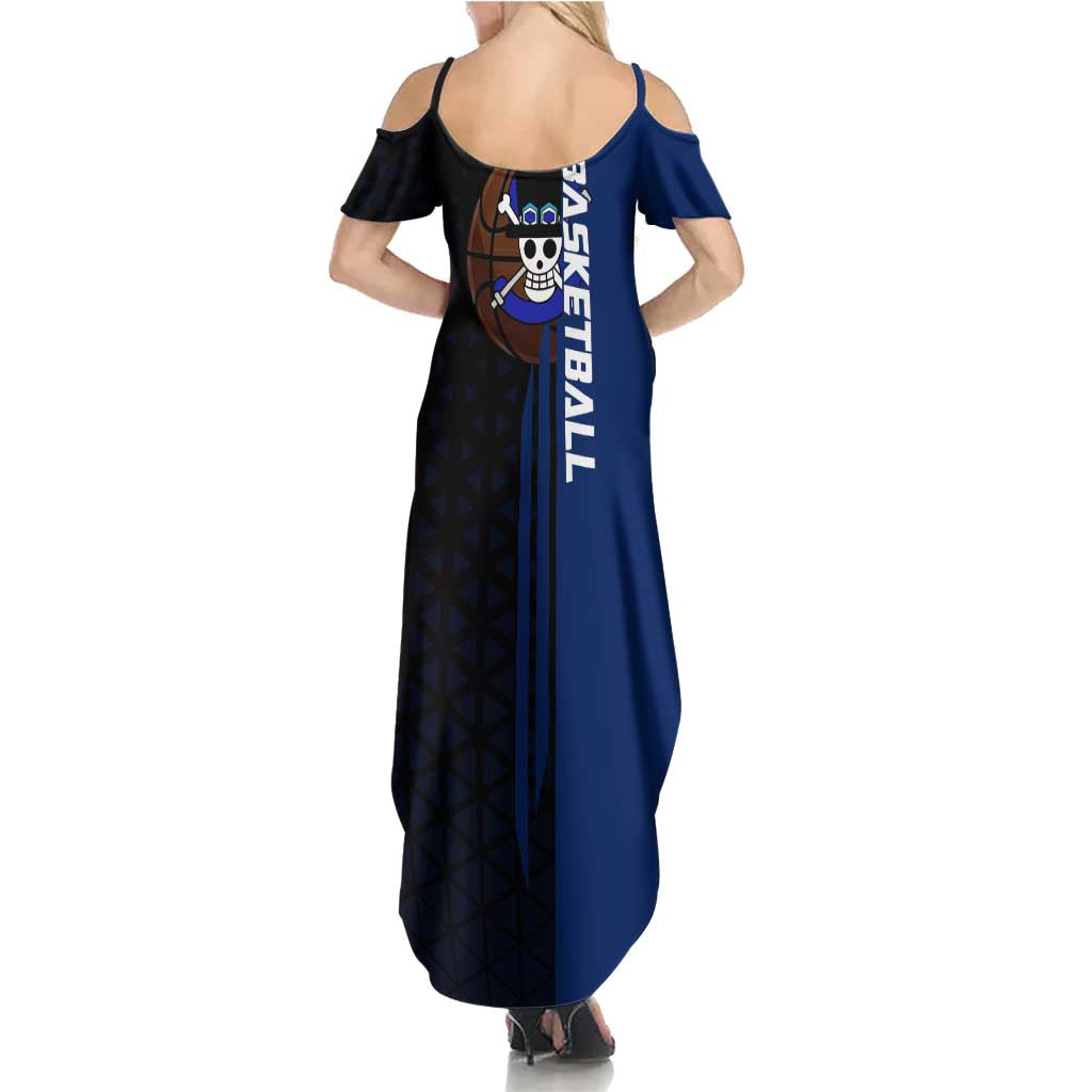 Sabo One Piece Basketball Theme Blue and Black Design Family Matching Summer Maxi Dress and Hawaiian Shirt with Top Hat Emblem and Action Dribble Pose