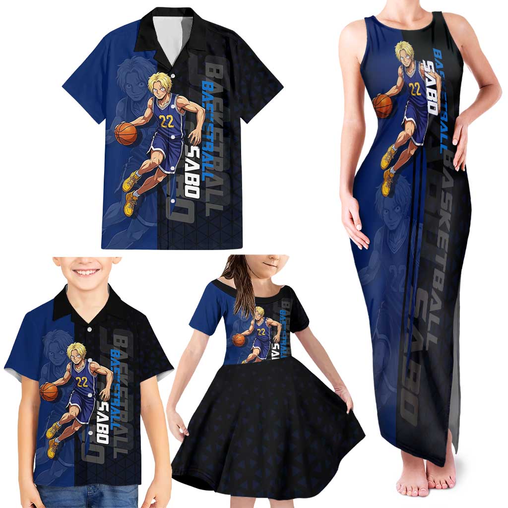 Sabo One Piece Basketball Theme Blue and Black Design Family Matching Tank Maxi Dress and Hawaiian Shirt with Top Hat Emblem and Action Dribble Pose