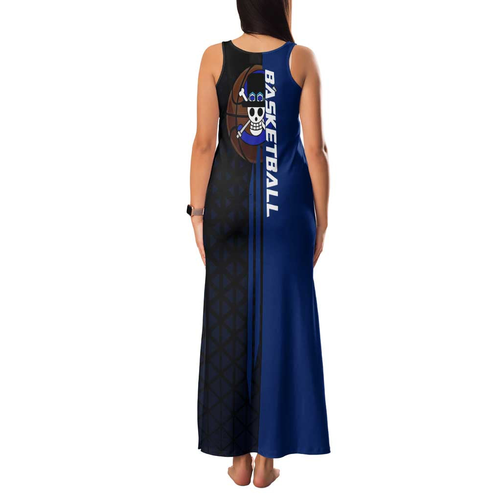 Sabo One Piece Basketball Theme Blue and Black Design Family Matching Tank Maxi Dress and Hawaiian Shirt with Top Hat Emblem and Action Dribble Pose