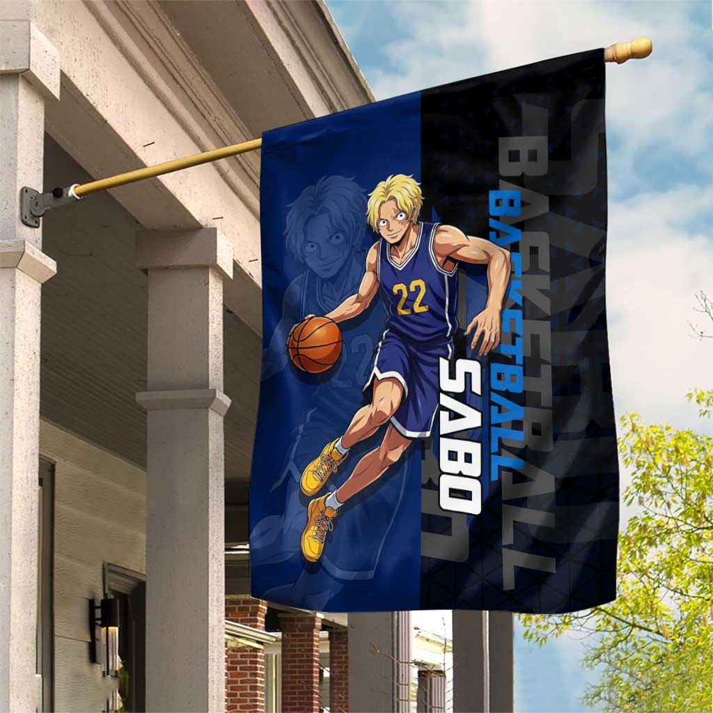 Sabo One Piece Basketball Theme Blue and Black Design Garden Flag with Top Hat Emblem and Action Dribble Pose - The Mazicc