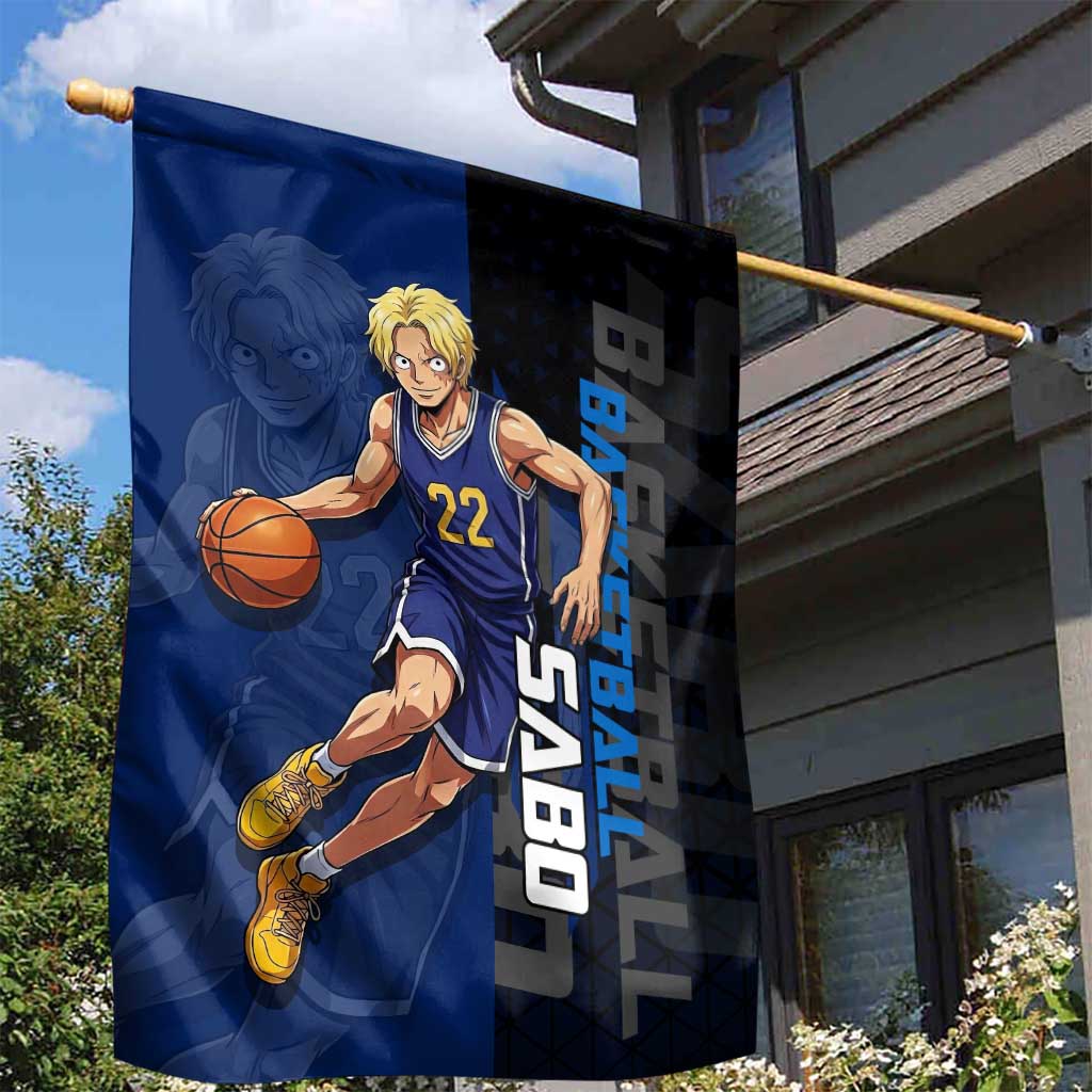Sabo One Piece Basketball Theme Blue and Black Design Garden Flag with Top Hat Emblem and Action Dribble Pose - The Mazicc
