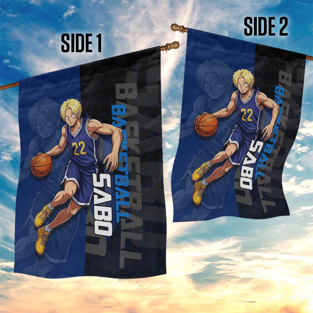 Sabo One Piece Basketball Theme Blue and Black Design Garden Flag with Top Hat Emblem and Action Dribble Pose - The Mazicc