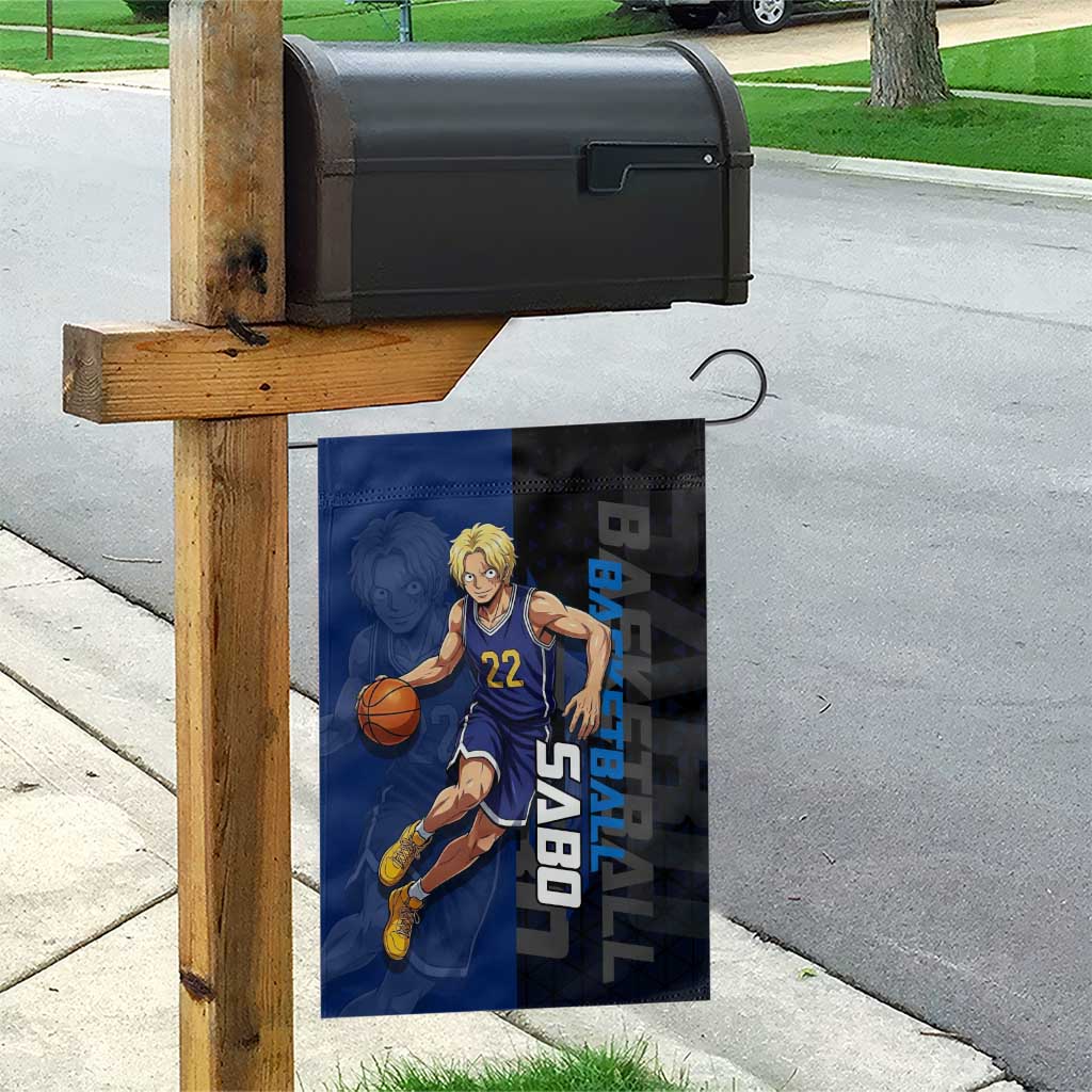 Sabo One Piece Basketball Theme Blue and Black Design Garden Flag with Top Hat Emblem and Action Dribble Pose - The Mazicc
