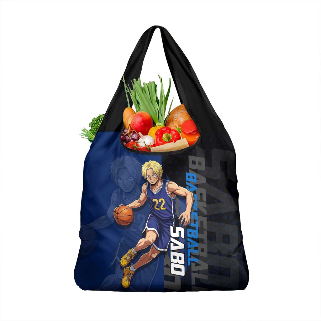 Sabo One Piece Basketball Theme Blue and Black Design Grocery Bag with Top Hat Emblem and Action Dribble Pose - The Mazicc