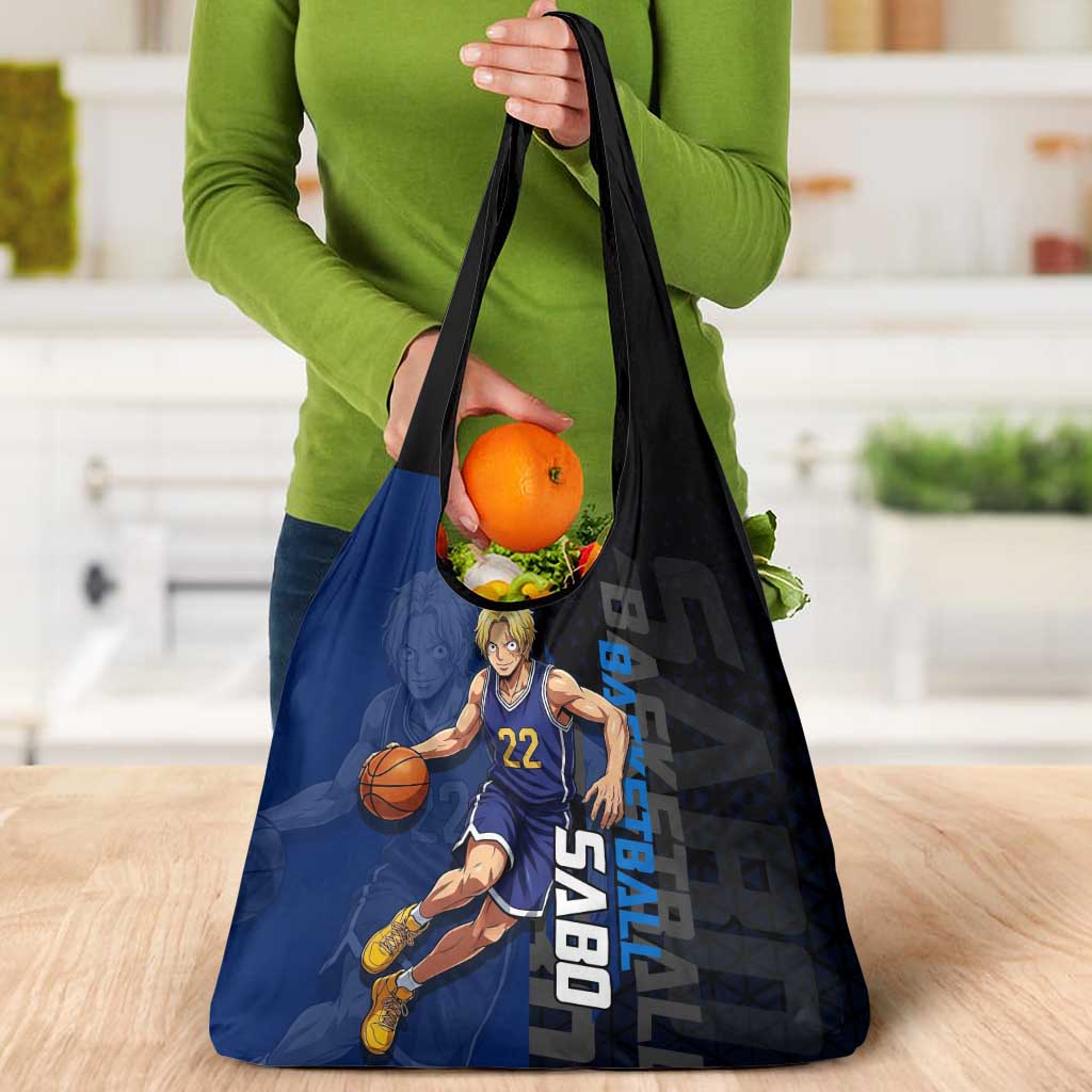 Sabo One Piece Basketball Theme Blue and Black Design Grocery Bag with Top Hat Emblem and Action Dribble Pose - The Mazicc
