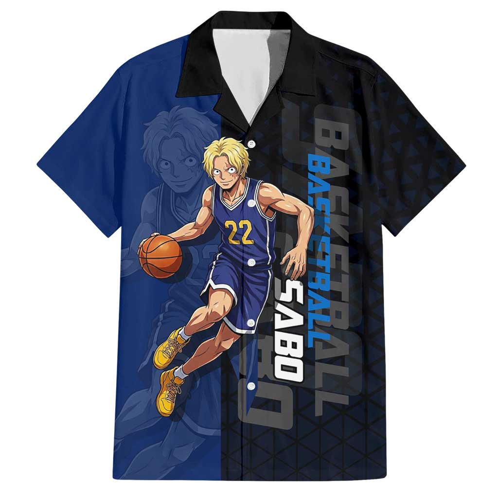 Sabo One Piece Basketball Theme Blue and Black Design Hawaiian Shirt with Top Hat Emblem and Action Dribble Pose - The Mazicc
