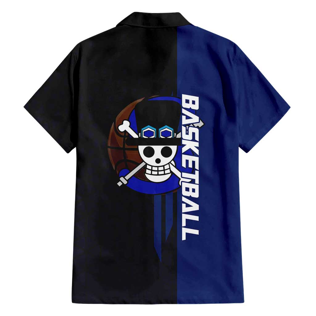 Sabo One Piece Basketball Theme Blue and Black Design Hawaiian Shirt with Top Hat Emblem and Action Dribble Pose - The Mazicc