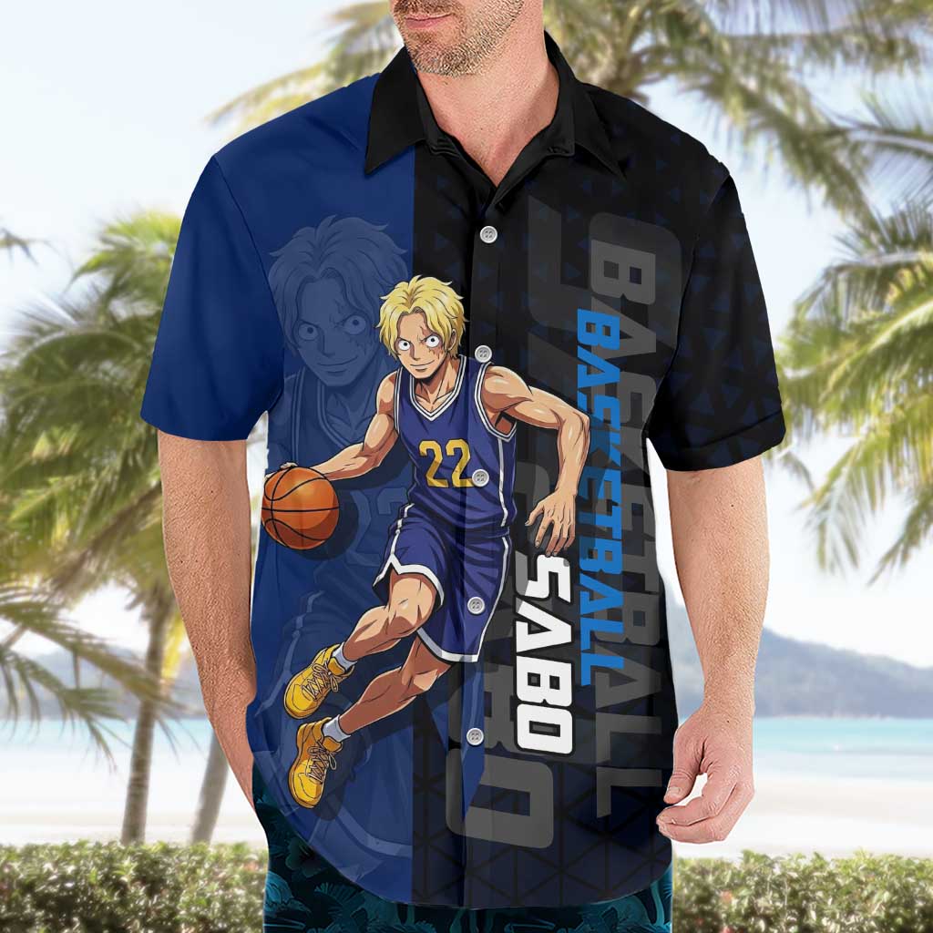 Sabo One Piece Basketball Theme Blue and Black Design Hawaiian Shirt with Top Hat Emblem and Action Dribble Pose - The Mazicc