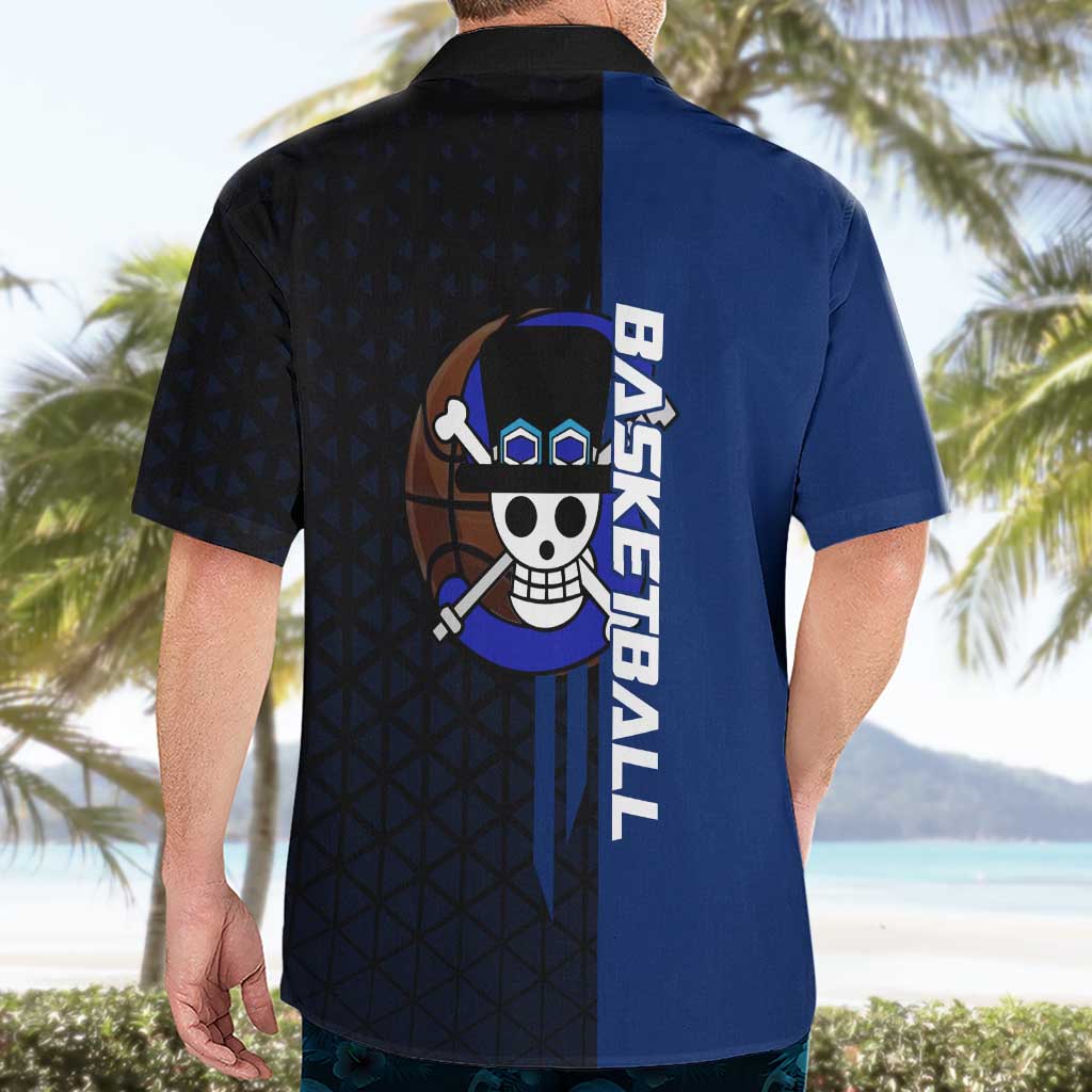 Sabo One Piece Basketball Theme Blue and Black Design Hawaiian Shirt with Top Hat Emblem and Action Dribble Pose - The Mazicc