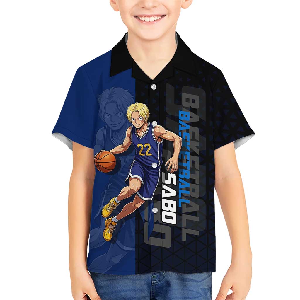 Sabo One Piece Basketball Theme Blue and Black Design Hawaiian Shirt with Top Hat Emblem and Action Dribble Pose - The Mazicc