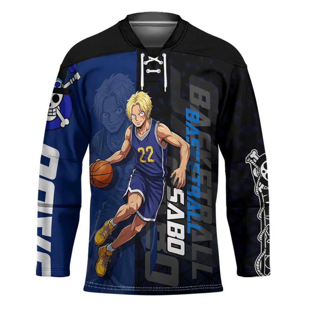 Sabo One Piece Basketball Theme Blue and Black Design Hockey Jersey with Top Hat Emblem and Action Dribble Pose - The Mazicc