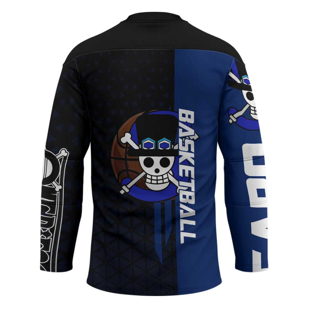 Sabo One Piece Basketball Theme Blue and Black Design Hockey Jersey with Top Hat Emblem and Action Dribble Pose - The Mazicc