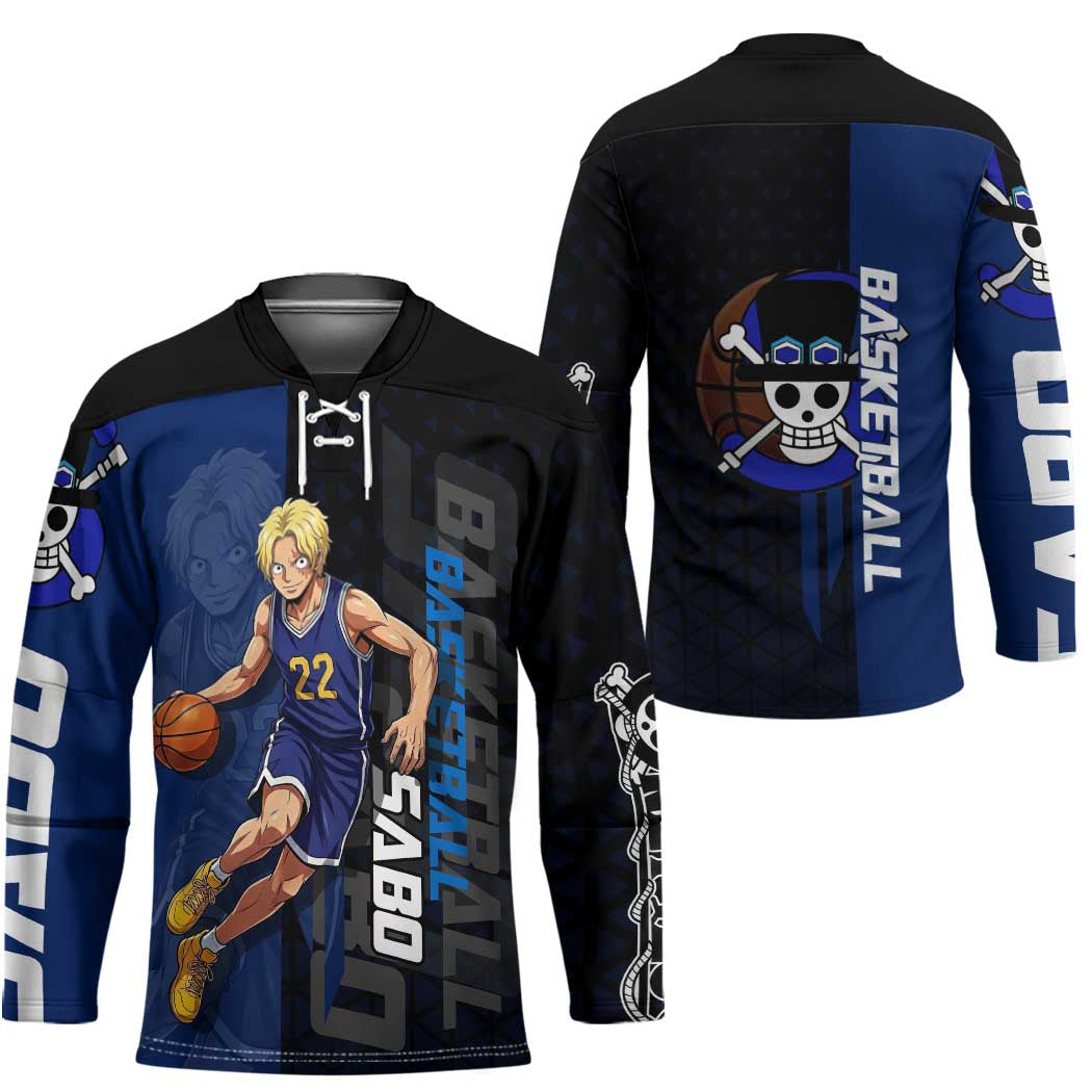 Sabo One Piece Basketball Theme Blue and Black Design Hockey Jersey with Top Hat Emblem and Action Dribble Pose - The Mazicc