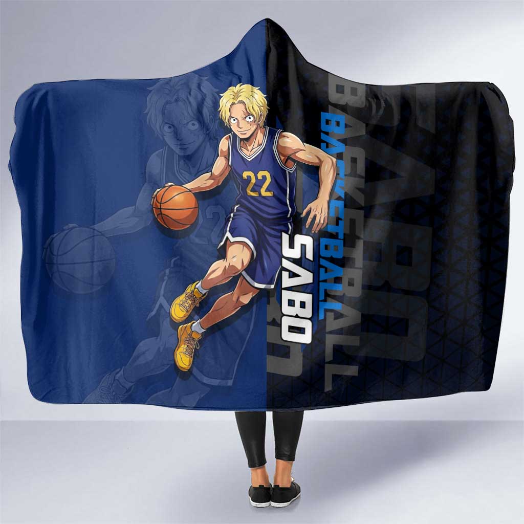 Sabo One Piece Basketball Theme Blue and Black Design Hooded Blanket with Top Hat Emblem and Action Dribble Pose - The Mazicc