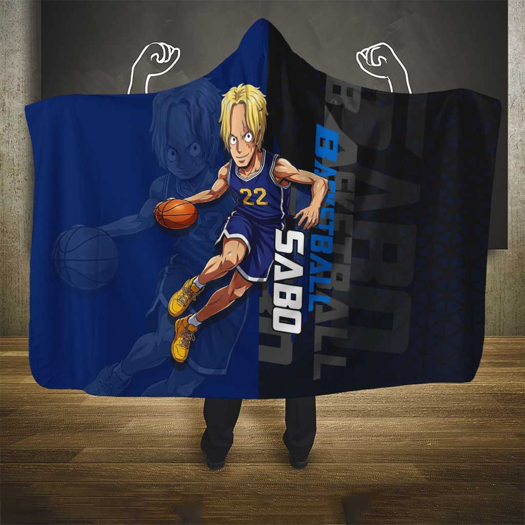 Sabo One Piece Basketball Theme Blue and Black Design Hooded Blanket with Top Hat Emblem and Action Dribble Pose - The Mazicc