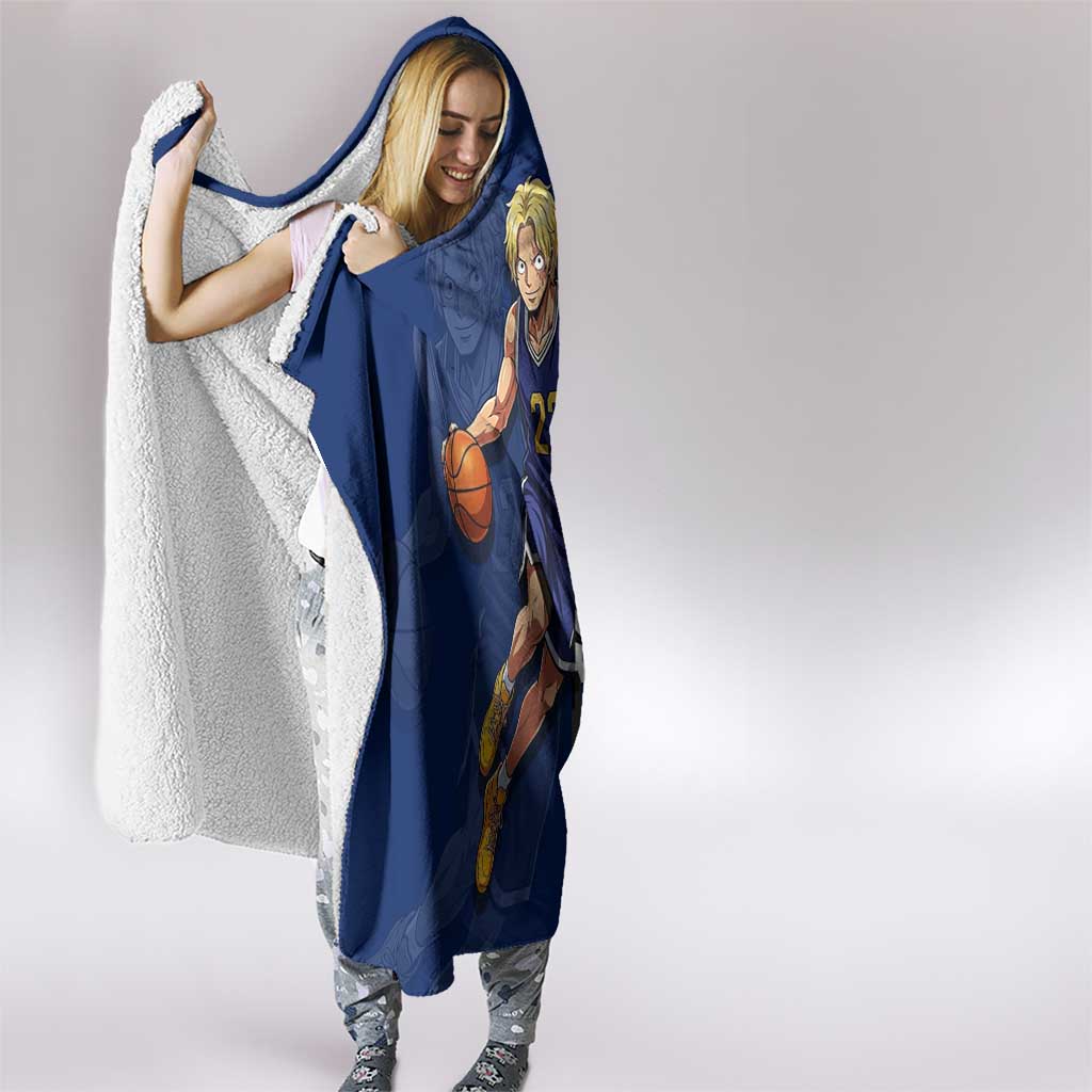 Sabo One Piece Basketball Theme Blue and Black Design Hooded Blanket with Top Hat Emblem and Action Dribble Pose - The Mazicc