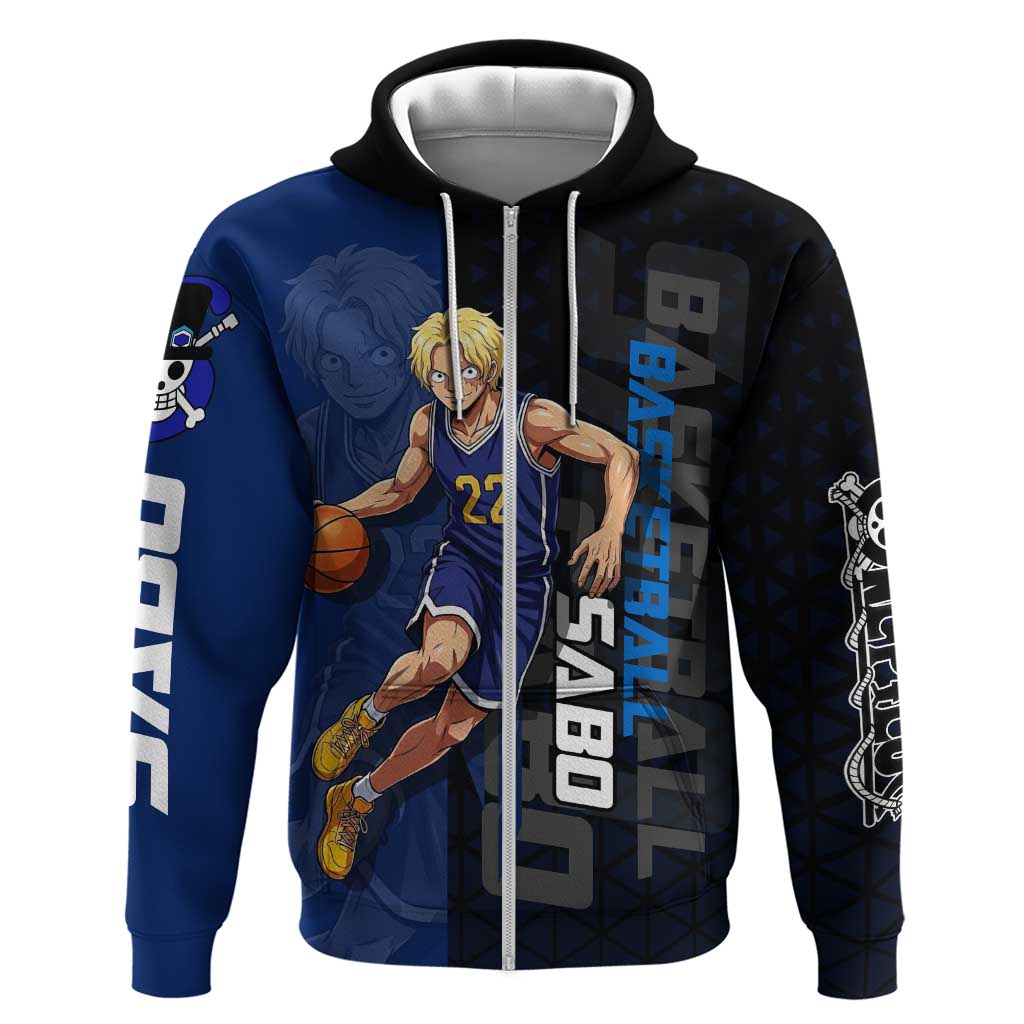 Sabo One Piece Basketball Theme Blue and Black Design Hoodie with Top Hat Emblem and Action Dribble Pose - The Mazicc