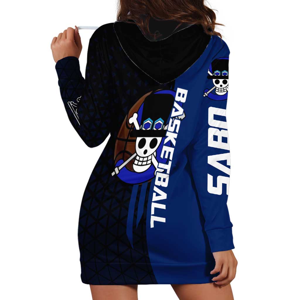 Sabo One Piece Basketball Theme Blue and Black Design Hoodie Dress with Top Hat Emblem and Action Dribble Pose - The Mazicc