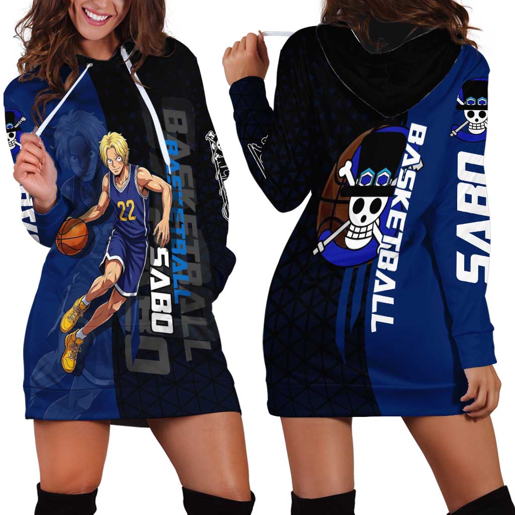 Sabo One Piece Basketball Theme Blue and Black Design Hoodie Dress with Top Hat Emblem and Action Dribble Pose - The Mazicc