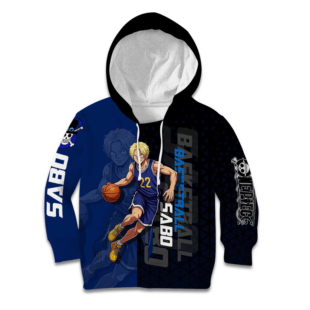 Sabo One Piece Basketball Theme Blue and Black Design Kid Hoodie with Top Hat Emblem and Action Dribble Pose - The Mazicc