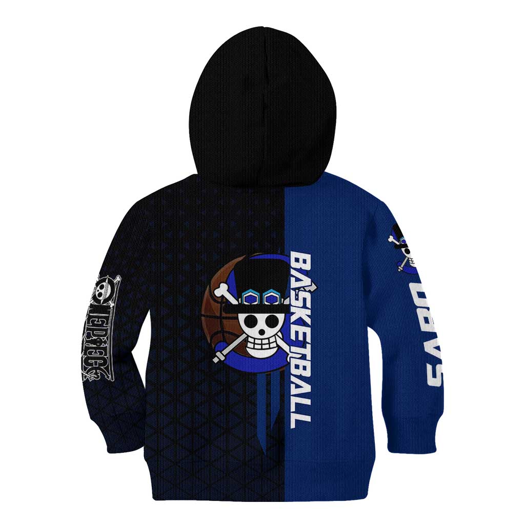 Sabo One Piece Basketball Theme Blue and Black Design Kid Hoodie with Top Hat Emblem and Action Dribble Pose - The Mazicc