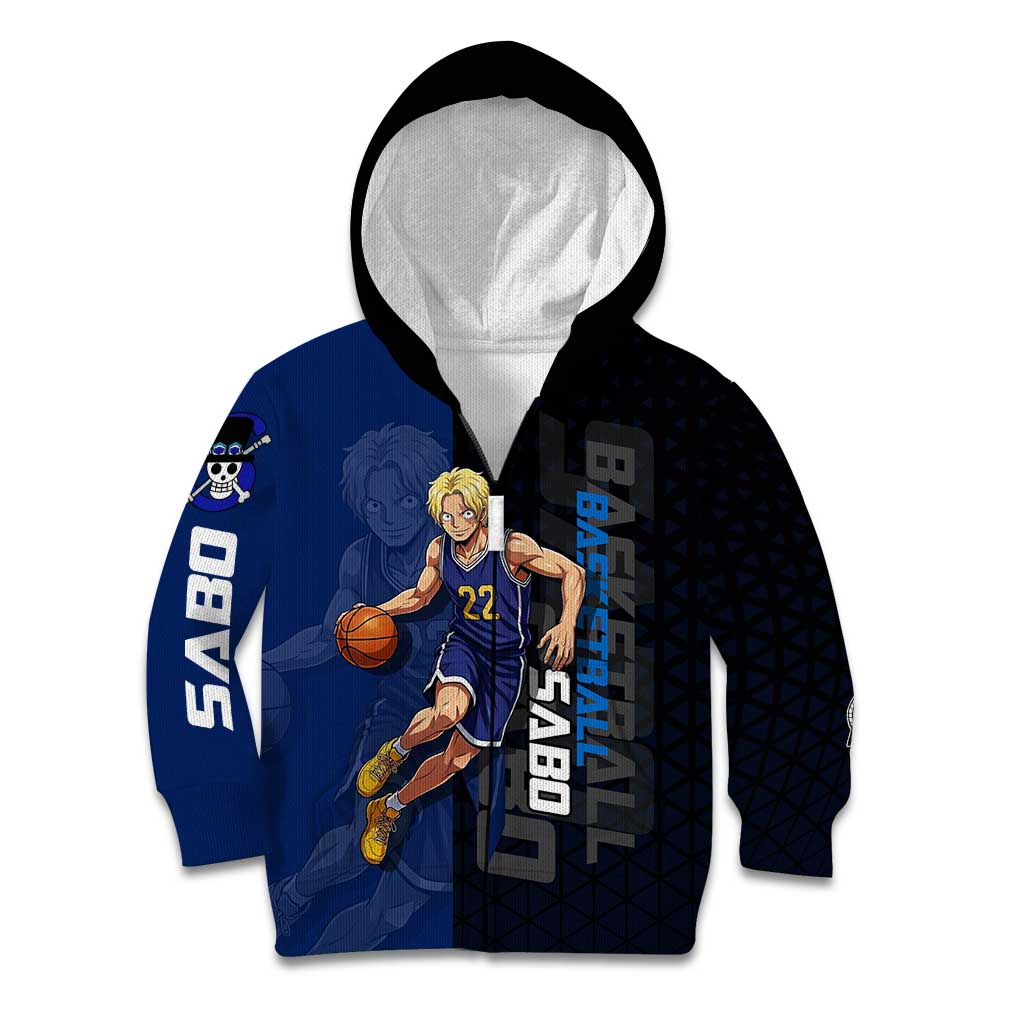 Sabo One Piece Basketball Theme Blue and Black Design Kid Hoodie with Top Hat Emblem and Action Dribble Pose - The Mazicc