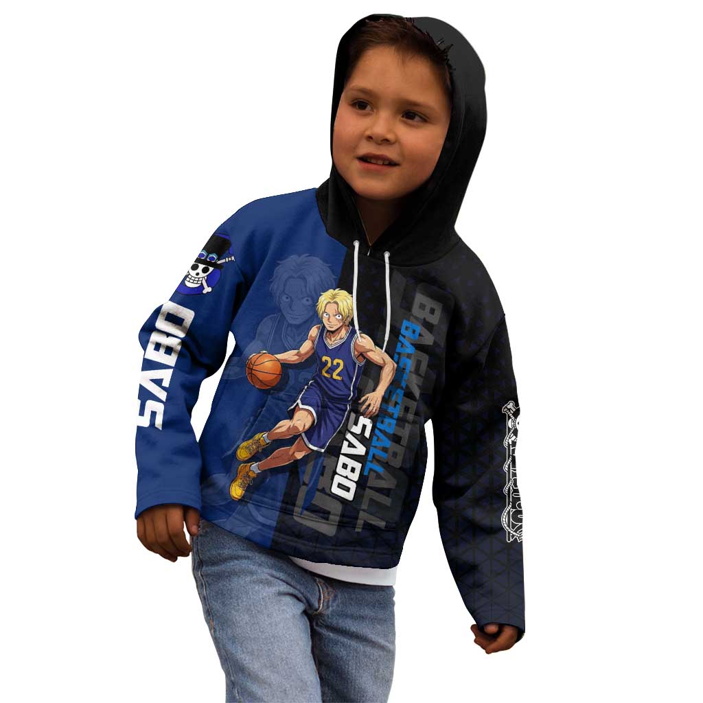 Sabo One Piece Basketball Theme Blue and Black Design Kid Hoodie with Top Hat Emblem and Action Dribble Pose - The Mazicc