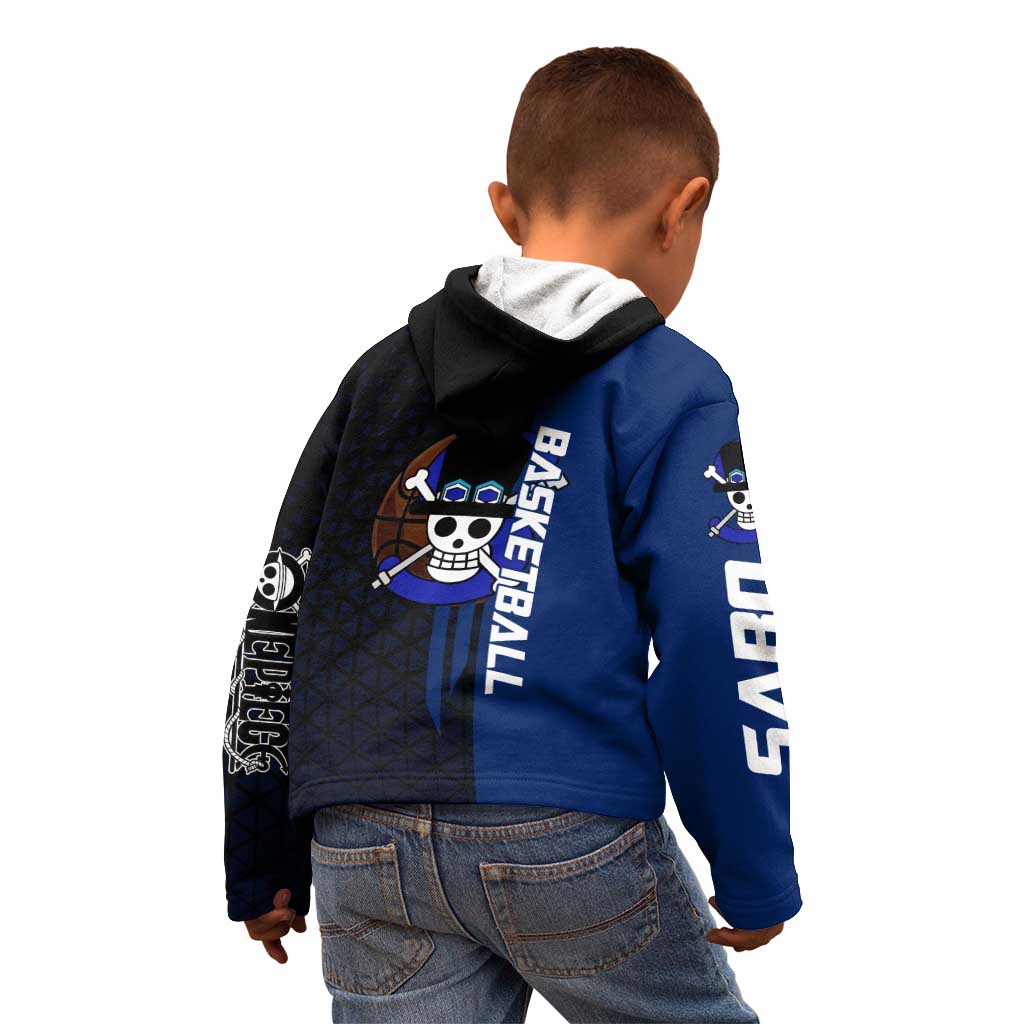 Sabo One Piece Basketball Theme Blue and Black Design Kid Hoodie with Top Hat Emblem and Action Dribble Pose - The Mazicc