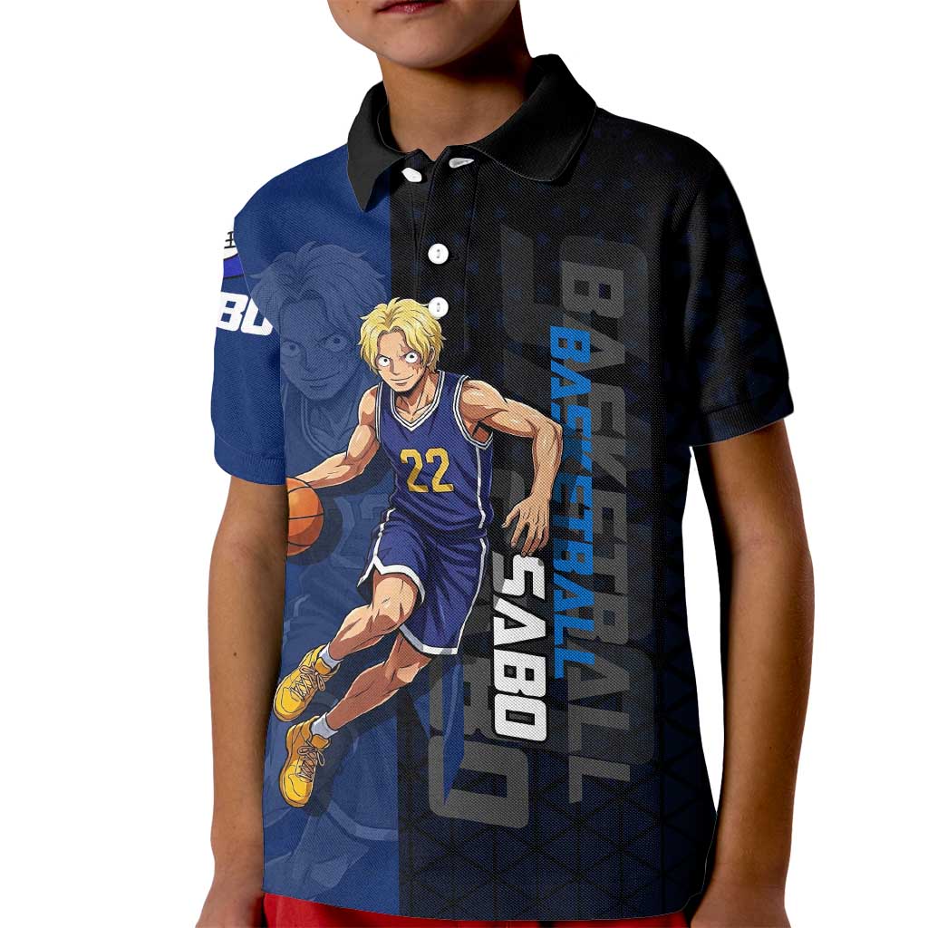 Sabo One Piece Basketball Theme Blue and Black Design Kid Polo Shirt with Top Hat Emblem and Action Dribble Pose - The Mazicc