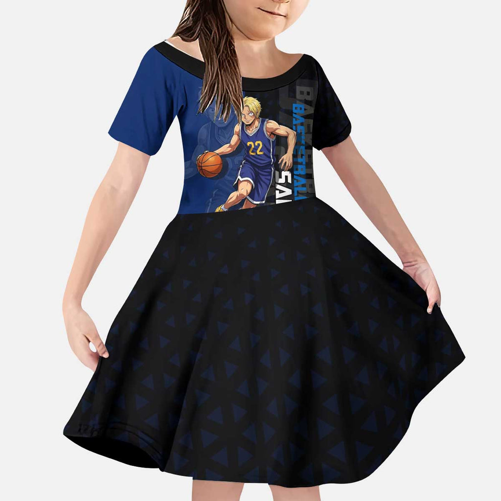 Sabo One Piece Basketball Theme Blue and Black Design Kid Short Sleeve Dress with Top Hat Emblem and Action Dribble Pose - The Mazicc
