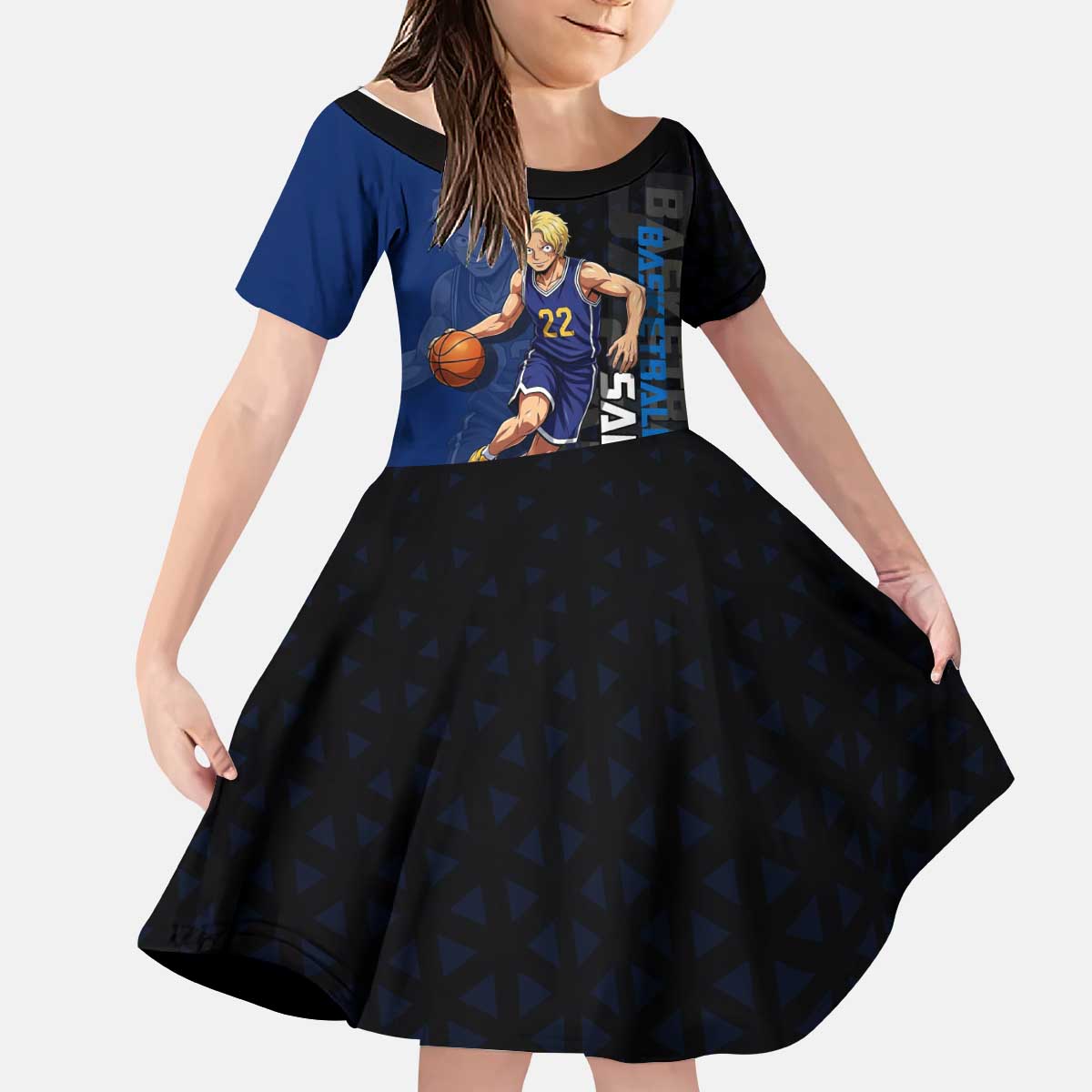 Sabo One Piece Basketball Theme Blue and Black Design Kid Short Sleeve Dress with Top Hat Emblem and Action Dribble Pose - The Mazicc