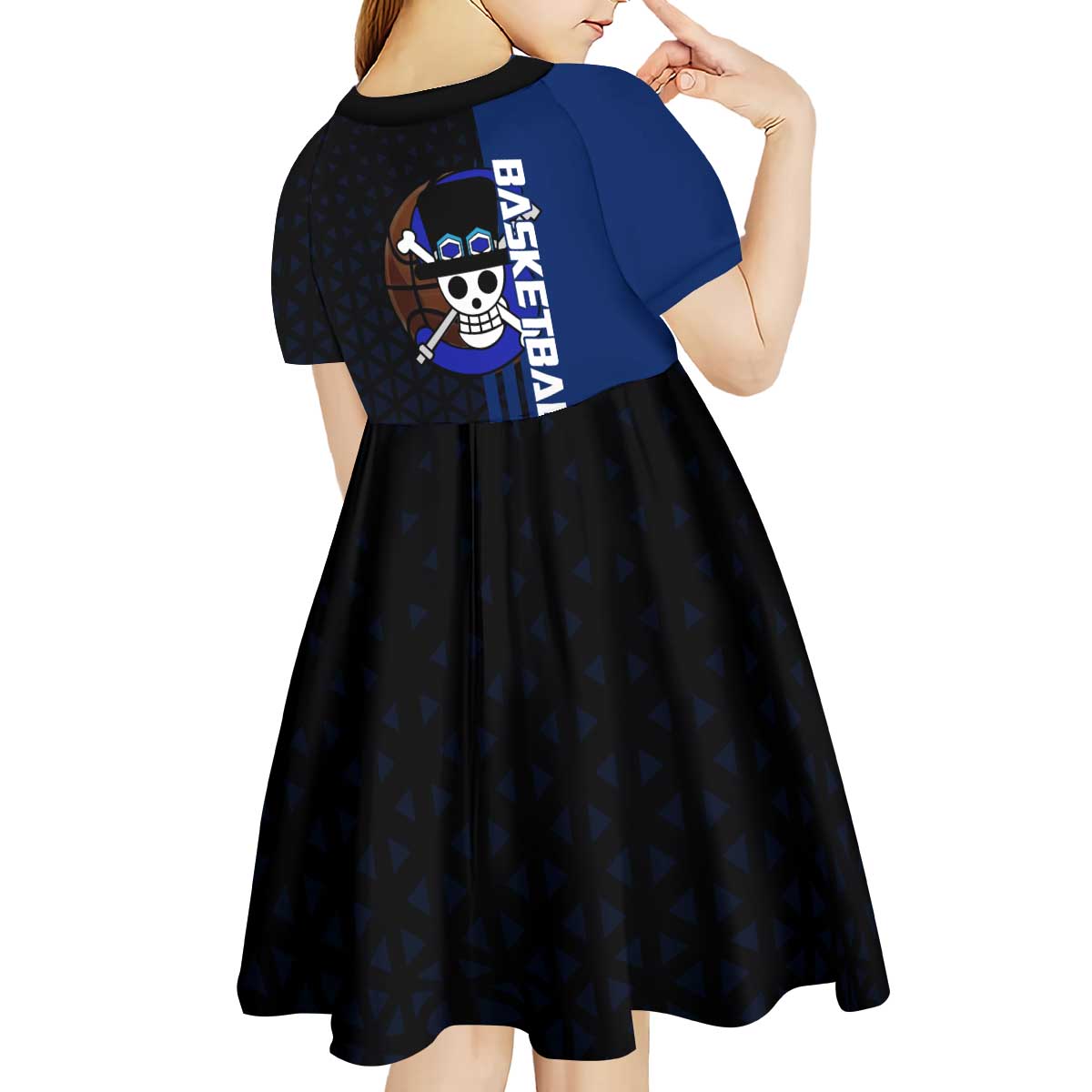 Sabo One Piece Basketball Theme Blue and Black Design Kid Short Sleeve Dress with Top Hat Emblem and Action Dribble Pose - The Mazicc