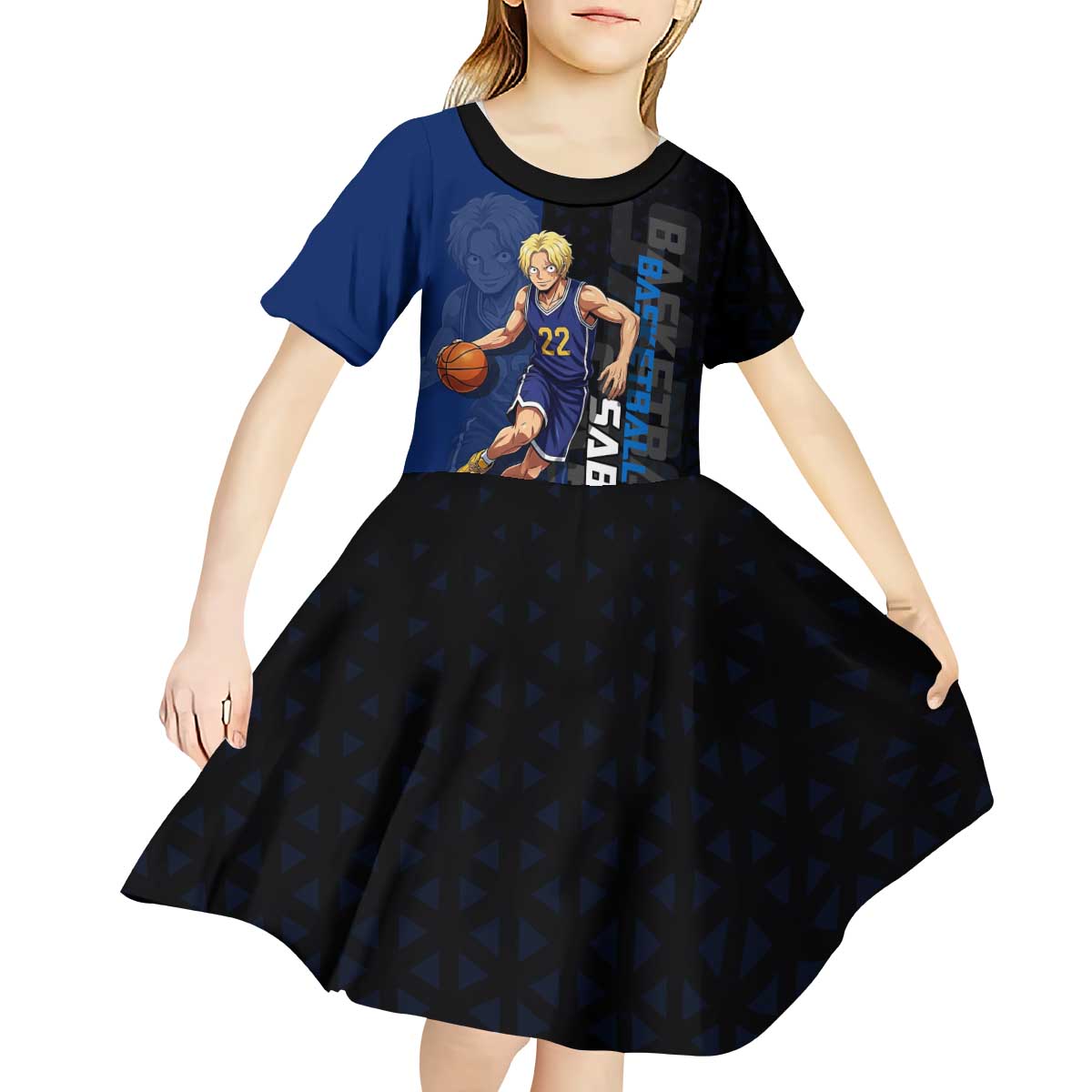 Sabo One Piece Basketball Theme Blue and Black Design Kid Short Sleeve Dress with Top Hat Emblem and Action Dribble Pose - The Mazicc