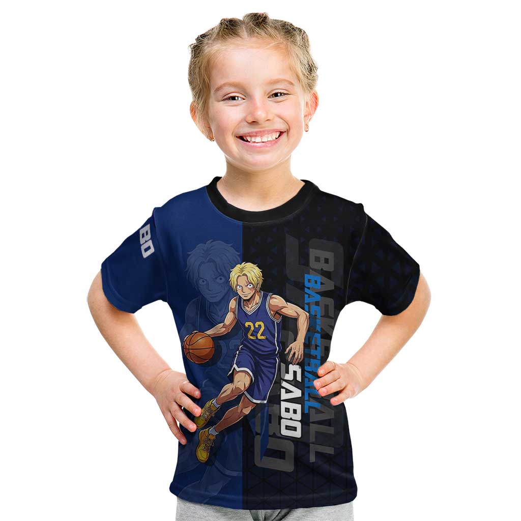 Sabo One Piece Basketball Theme Blue and Black Design Kid T Shirt with Top Hat Emblem and Action Dribble Pose - The Mazicc