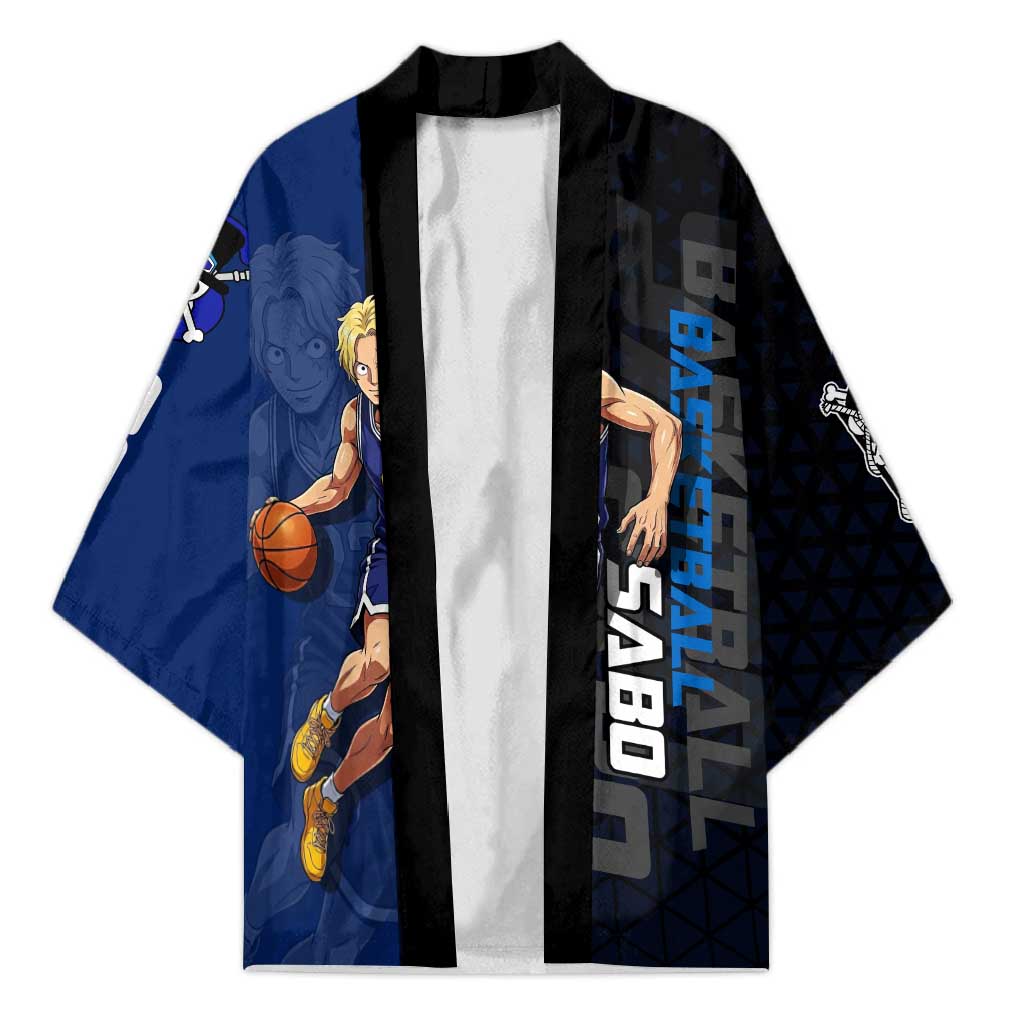Sabo One Piece Basketball Theme Blue and Black Design Kimono with Top Hat Emblem and Action Dribble Pose - The Mazicc