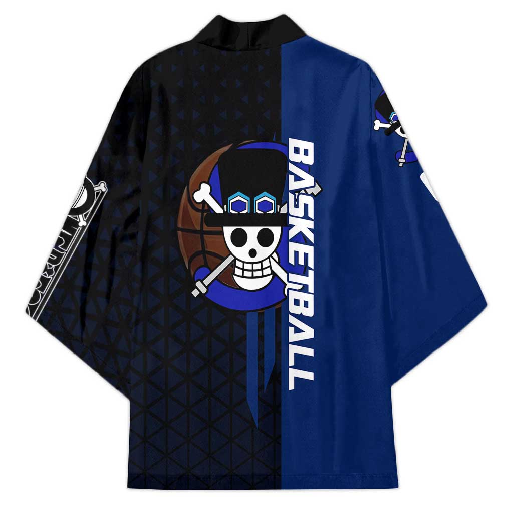 Sabo One Piece Basketball Theme Blue and Black Design Kimono with Top Hat Emblem and Action Dribble Pose - The Mazicc
